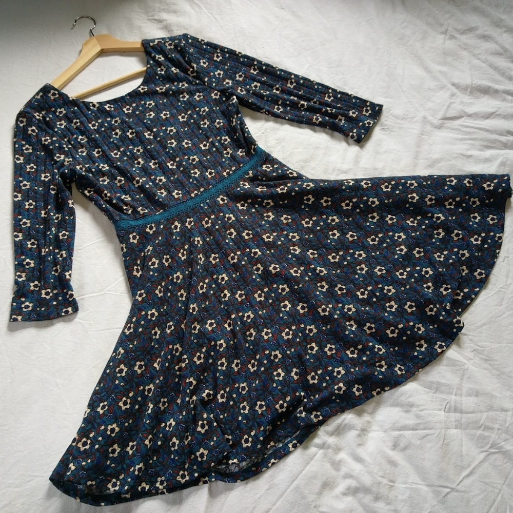 Francesca's Teal Blue Fit Flare Dress 3/4 Sleeves